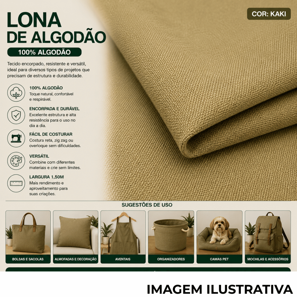 Lona 100% Algodão LG 1,50m - kaki