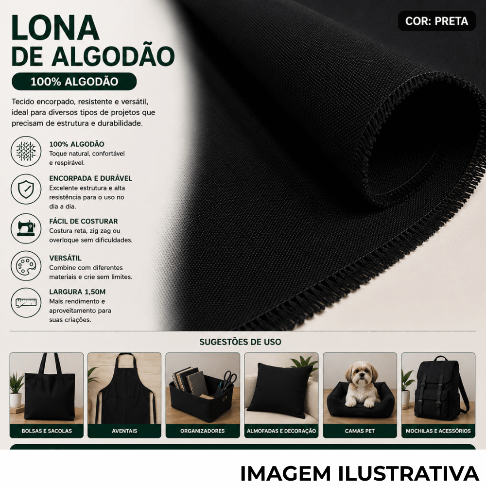 Lona 100% Algodão LG 1,50m - Preta