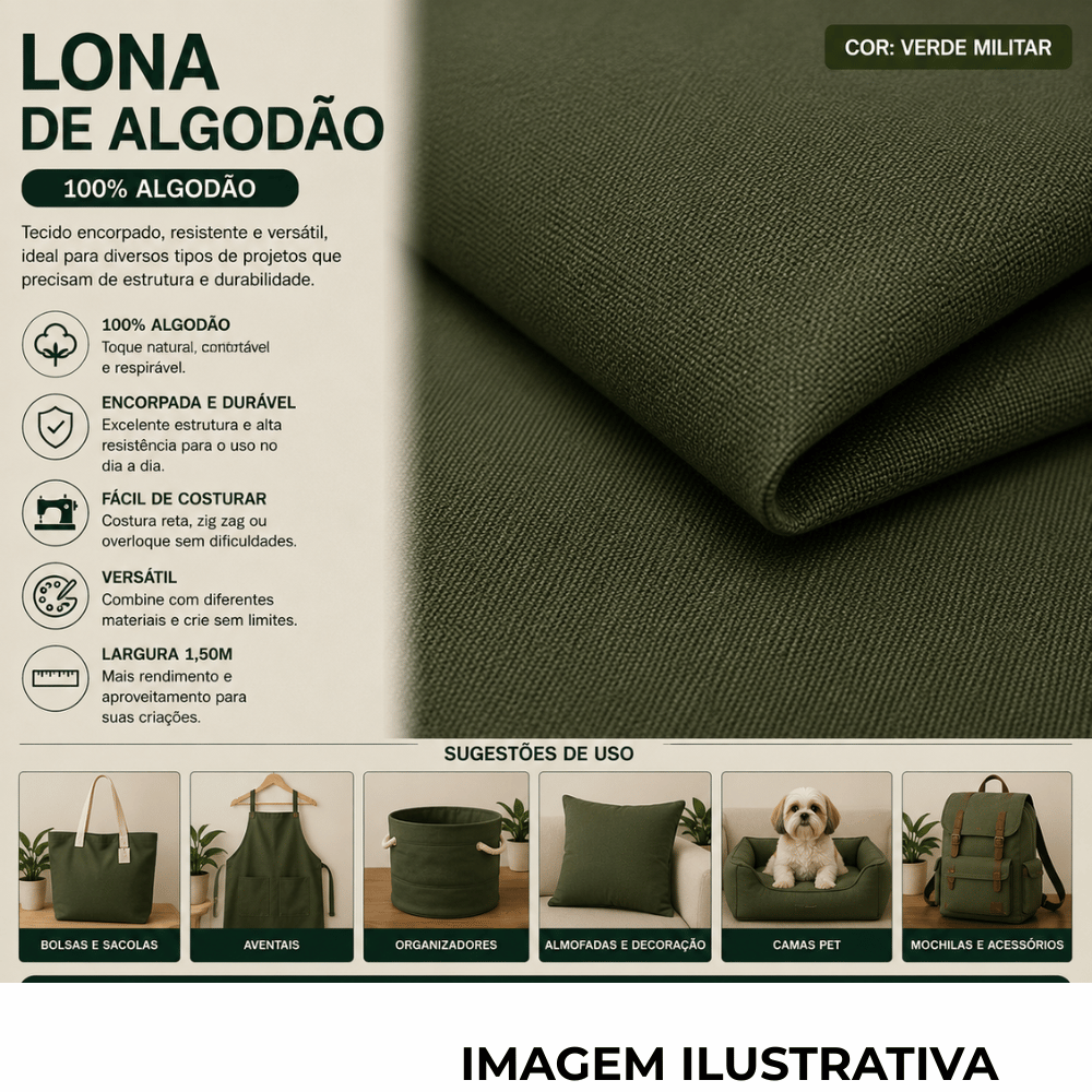 Lona 100% Algodão LG 1,50m - Verde Militar