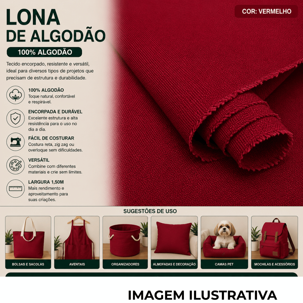 Lona 100% Algodão LG 1,50m - Vermelha